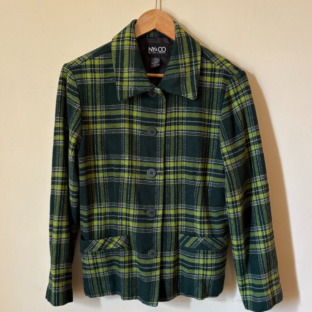Share Vintage NY & Co Wool Blend Shacket Green Plaid Women's Size M